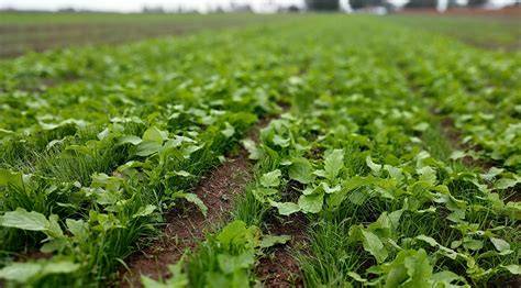 Field with green cover crops protecting soil between main crop rows